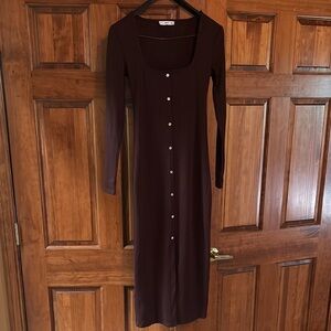 Mango Long Sleeve Ribbed Button-Front Midi Dress in Dark Brown
